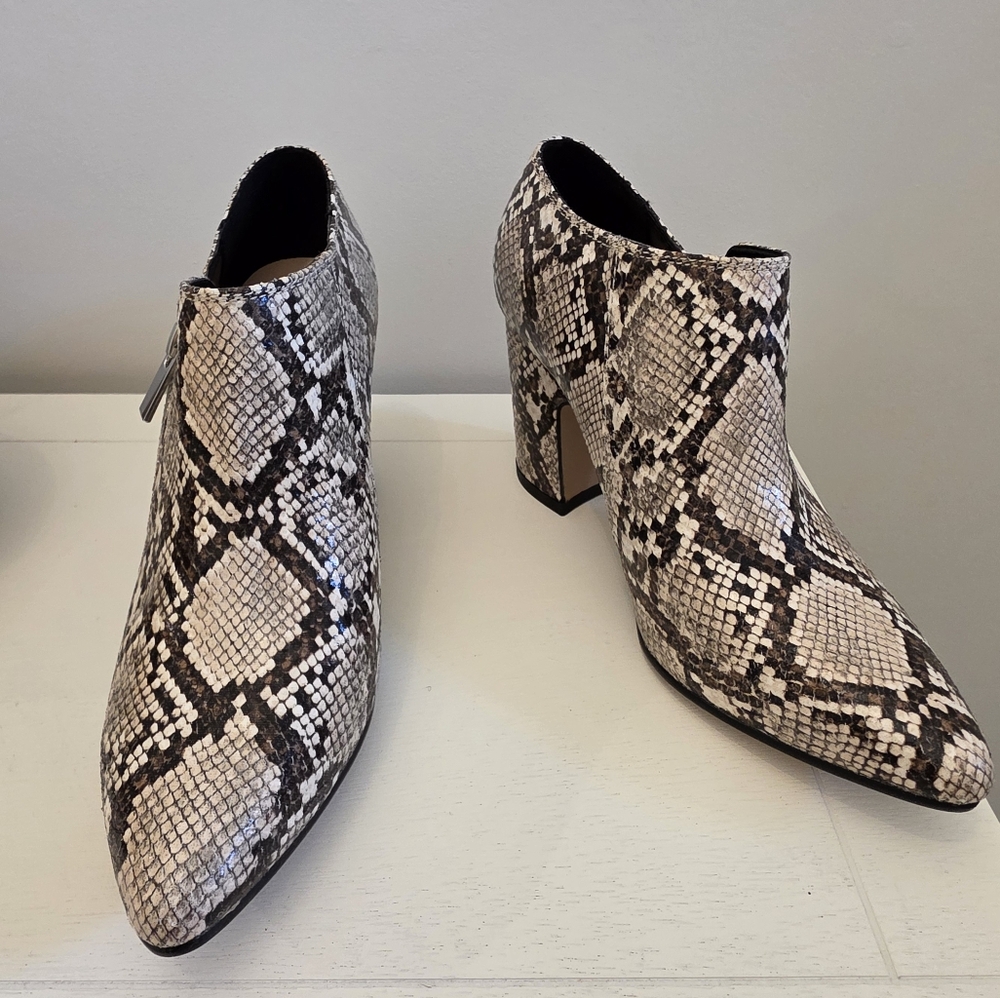 Michael Shannon Snake Print Pointy Toe Ankle Boots With Side Zippers Block Heels